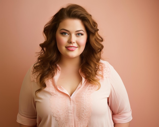 Foto uma mulher com uma camisa rosa posando para a câmera