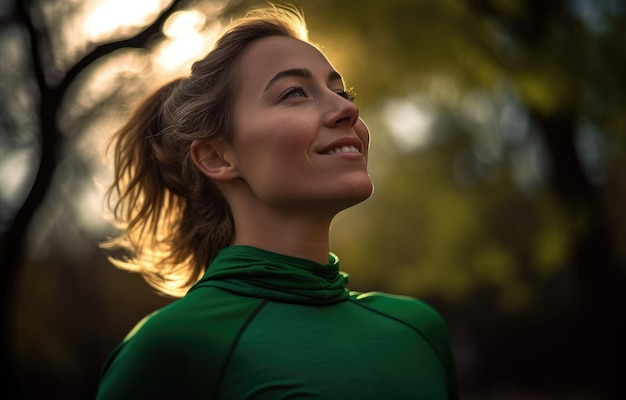 Uma mulher com uma camisa verde está olhando para cima e sorrindo.