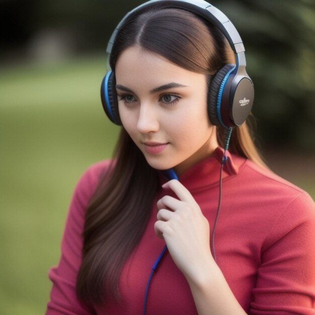 uma mulher com uma camisa vermelha está ouvindo fones de ouvido.