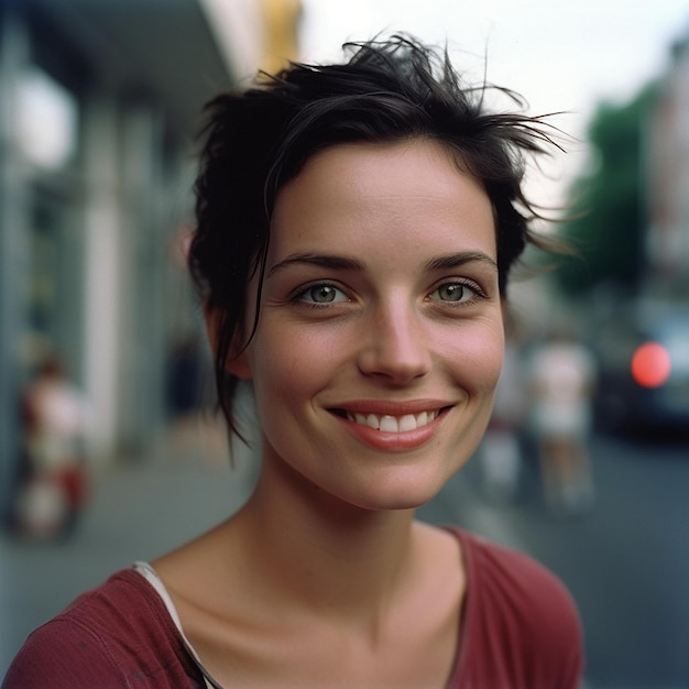 Uma mulher com uma camisa vermelha que diz "ela está sorrindo".