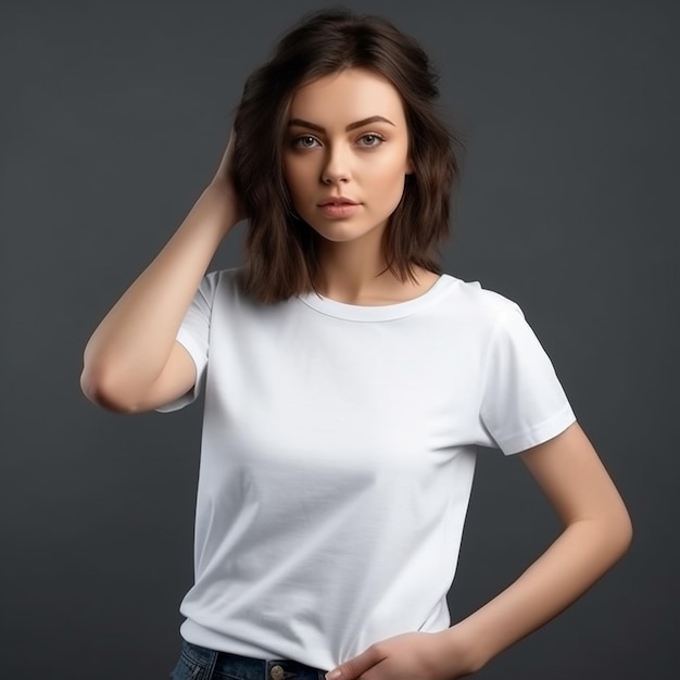 Uma mulher com uma camiseta branca de manga curta e uma camiseta branca