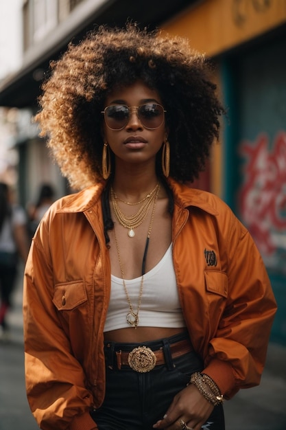 uma mulher com uma camisola branca e óculos de sol está de pé em frente a uma parede de graffiti.