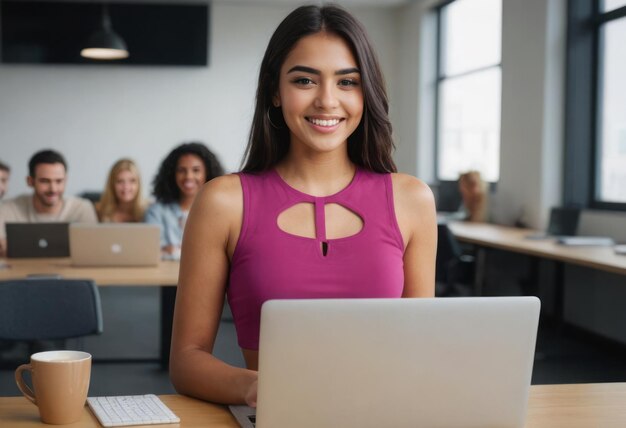 Uma mulher com uma camisola roxa trabalha intensamente em um laptop em um ambiente de escritório colaborativo