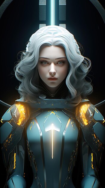 uma mulher com uma capa azul e uma luz branca no rosto