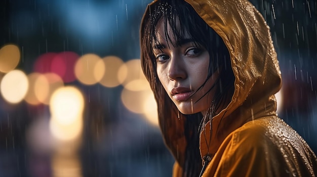 Uma mulher com uma capa de chuva amarela olha para as luzes da rua.