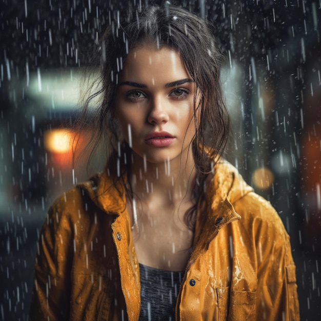 uma mulher com uma capa de chuva fica na chuva.