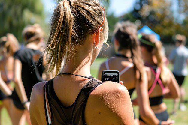 Foto uma mulher com uma cauda de pónei está segurando um telefone com o número 7 nele