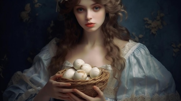 Uma mulher com uma cesta de ovos nas mãos