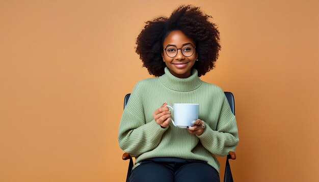 uma mulher com uma chávena de café na mão