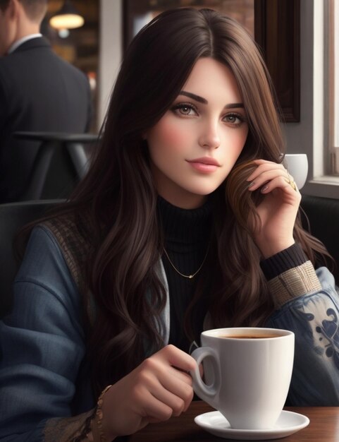 uma mulher com uma chávena de café