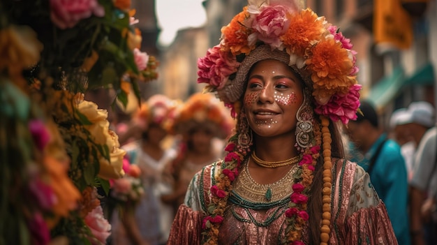 Uma mulher com uma coroa de flores caminha por uma rua com flores na cabeça.