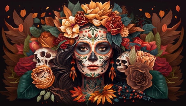 Uma mulher com uma coroa de flores na cabeça e uma caveira no rosto.