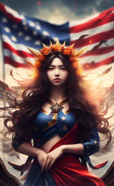 Uma mulher com uma coroa de flores na cabeça em frente a uma bandeira americana