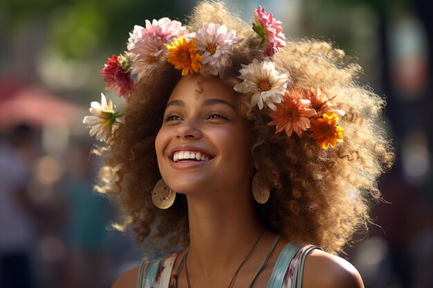 Uma mulher com uma coroa de flores na cabeça está sorrindo