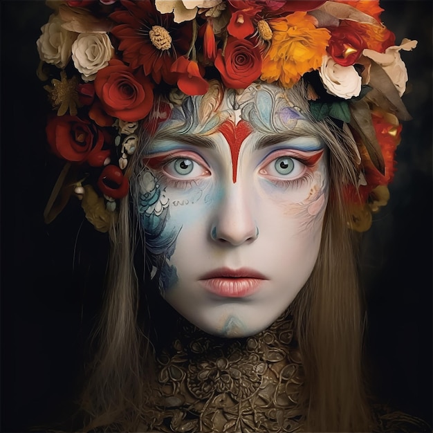 Uma mulher com uma coroa de flores na cabeça está usando uma coroa de flores.