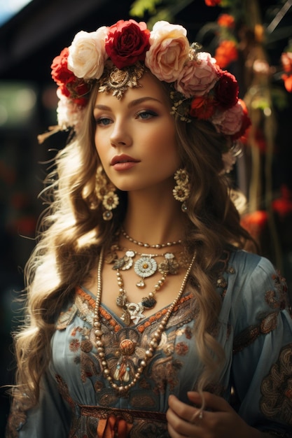 Uma mulher com uma coroa de flores na cabeça generativa ai imagem