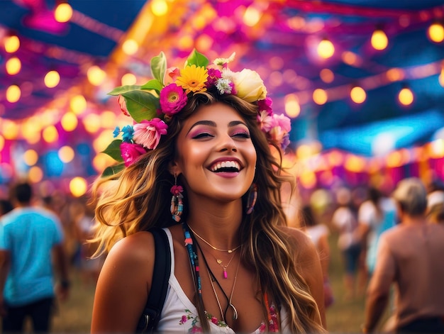 uma mulher com uma coroa de flores na cabeça sorrindo para a câmera