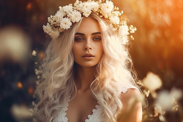 Uma mulher com uma coroa de flores na cabeça