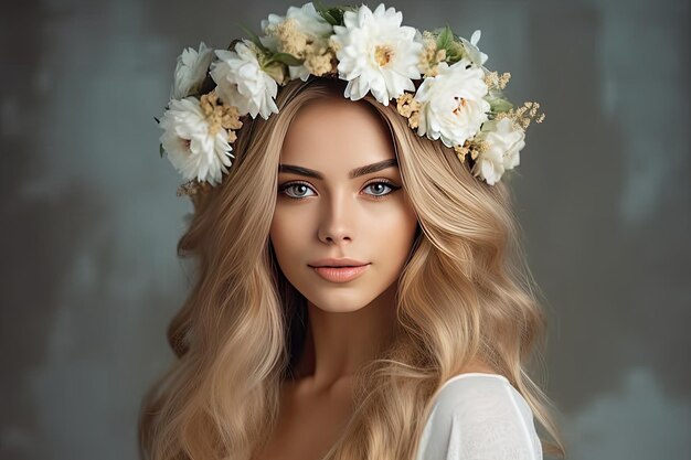 Uma mulher com uma coroa de flores na cabeça