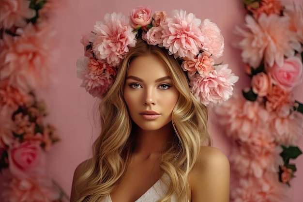 Uma mulher com uma coroa de flores na cabeça