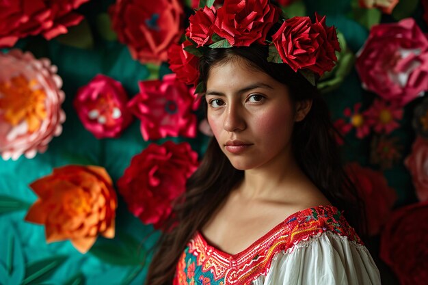 Uma mulher com uma coroa de flores na cabeça