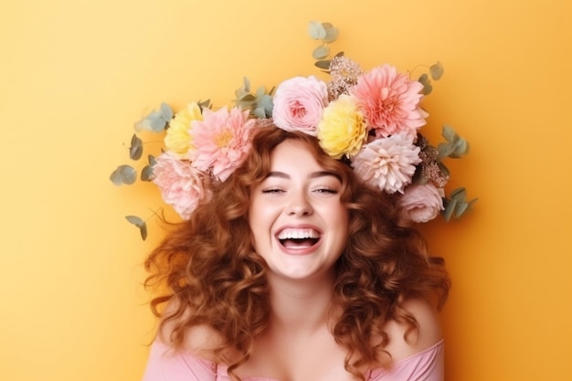 Uma mulher com uma coroa de flores na cabeça