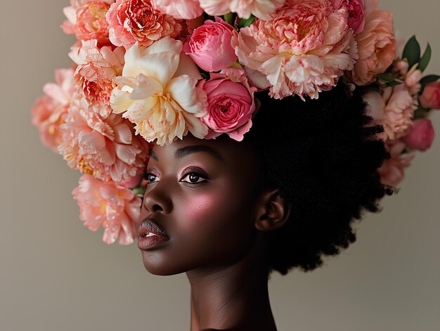 Uma mulher com uma coroa de flores na cabeça