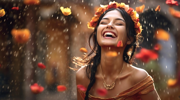 Uma mulher com uma coroa de flores sorri na chuva.