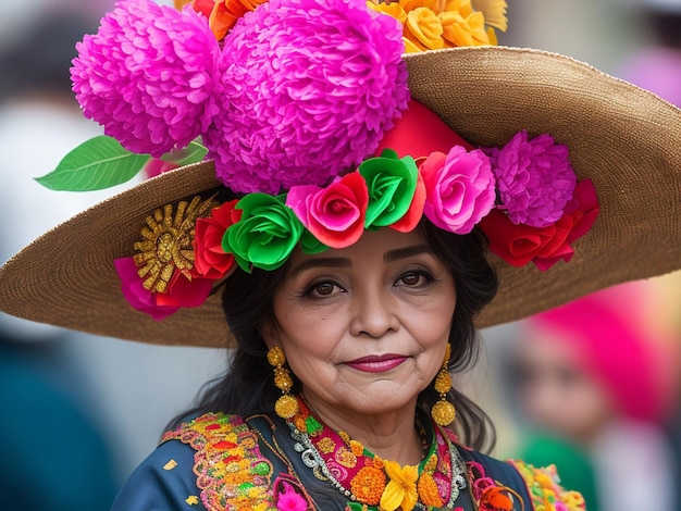 Uma mulher com uma coroa de flores