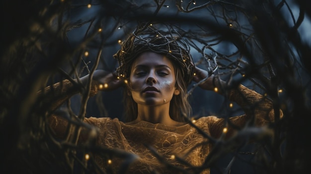 Uma mulher com uma coroa dourada está em uma floresta escura com luzes na cabeça.
