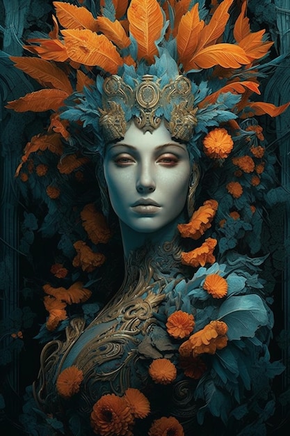 Uma mulher com uma coroa e flores na cabeça