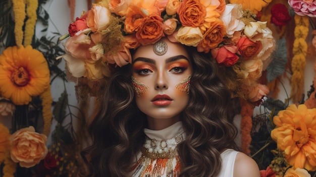 Uma mulher com uma coroa floral e flores no rosto