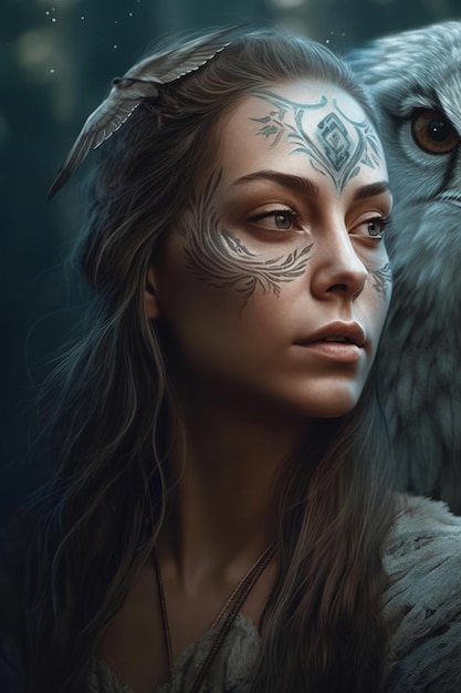 Uma mulher com uma coruja no rosto