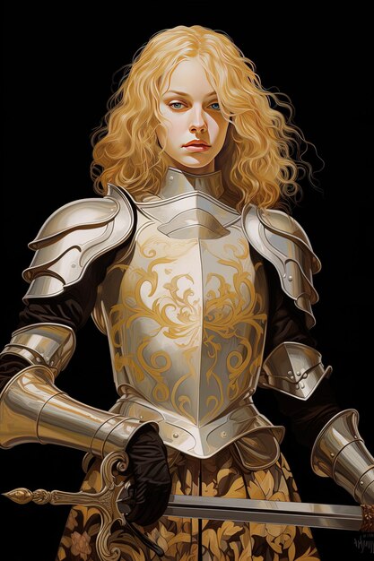 uma mulher com uma espada e um escudo no peito