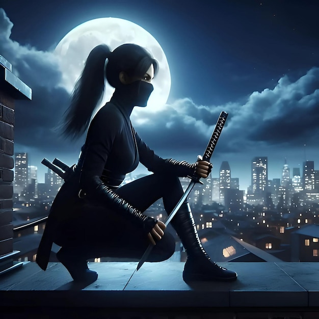 uma mulher com uma espada senta-se em um telhado em frente a uma cidade à noite