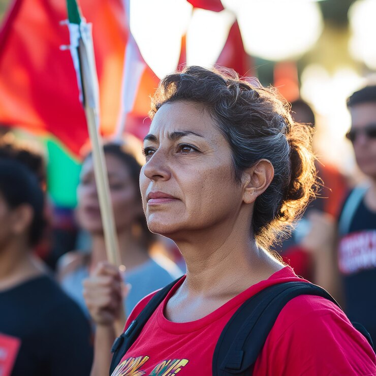 Foto uma mulher com uma expressão séria olha para uma bandeira vermelha