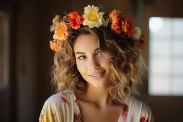 Uma mulher com uma faixa floral e uma coroa de flores na cabeça