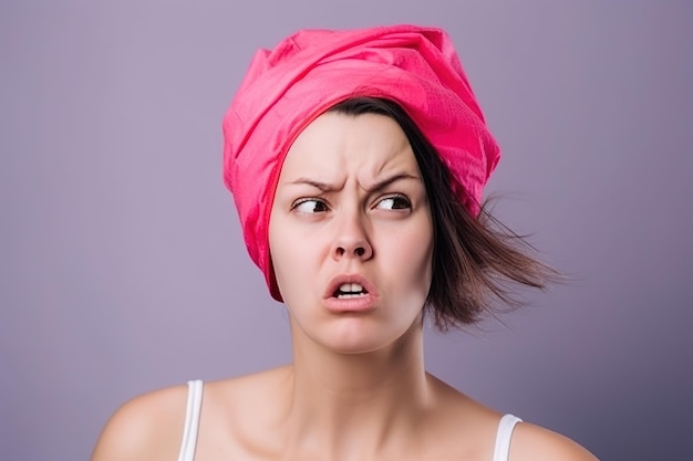 Uma mulher com uma faixa rosa e um lenço rosa na cabeça parece surpresa.