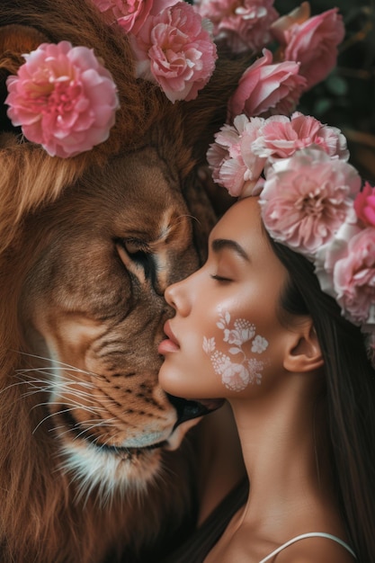 Foto uma mulher com uma flor na cabeça está beijando um gato