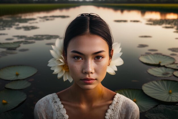 Uma mulher com uma flor na cabeça está em frente a um lago.
