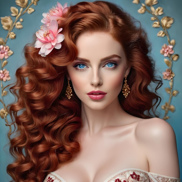 uma mulher com uma flor no cabelo é mostrada em um retrato