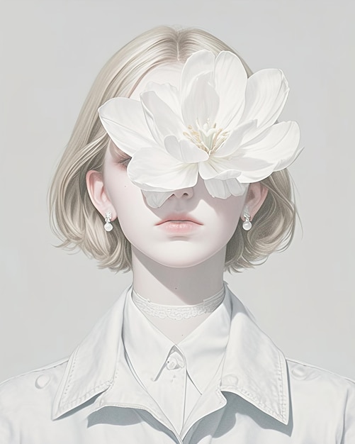 uma mulher com uma flor no cabelo está de pé na frente de um fundo branco