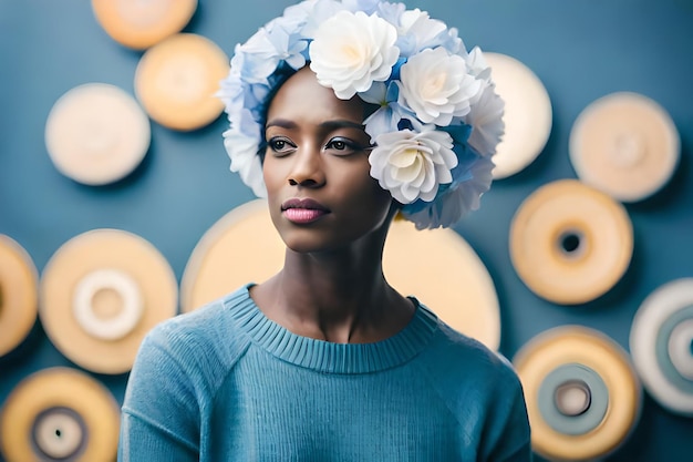 uma mulher com uma flor no cabelo está em frente a uma parede de círculos.