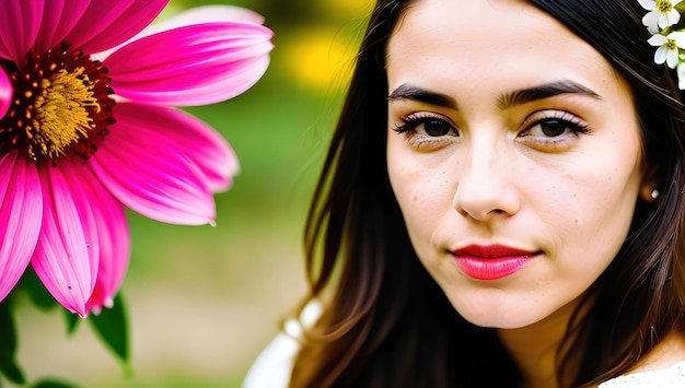 Uma mulher com uma flor rosa no cabelo