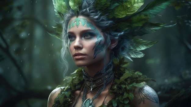Uma mulher com uma folha verde no rosto