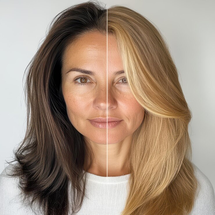Foto uma mulher com uma foto de seu rosto mostrando uma mulher com um suéter branco