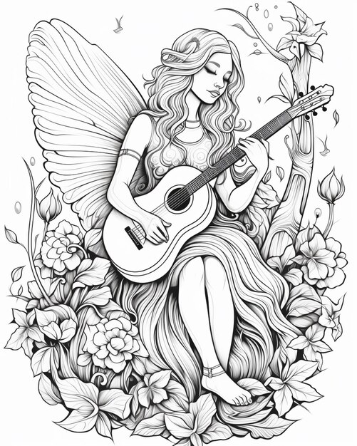Foto uma mulher com uma guitarra sentada em um jardim de flores generativo ai