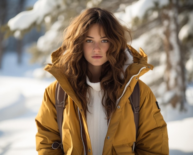 uma mulher com uma jaqueta amarela em pé na neve