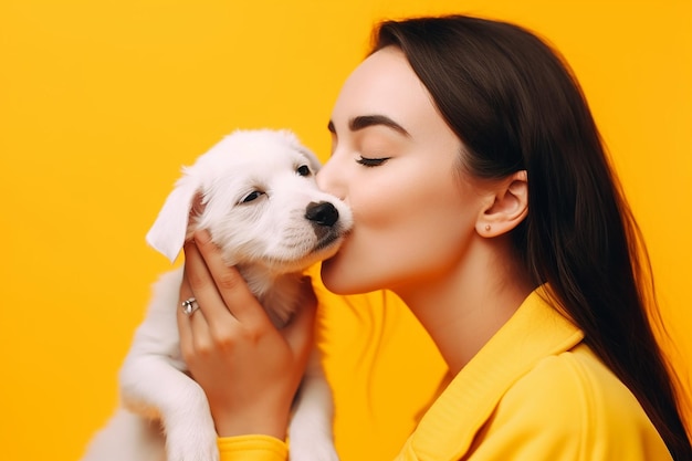 Uma mulher com uma jaqueta amarela está beijando um cachorrinho.