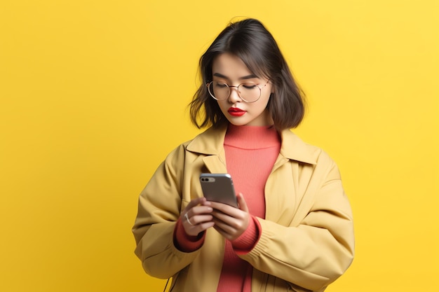 Uma mulher com uma jaqueta amarela está usando um telefone